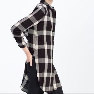 Zara Trafaluc Plaid Tunic Top Button Up M